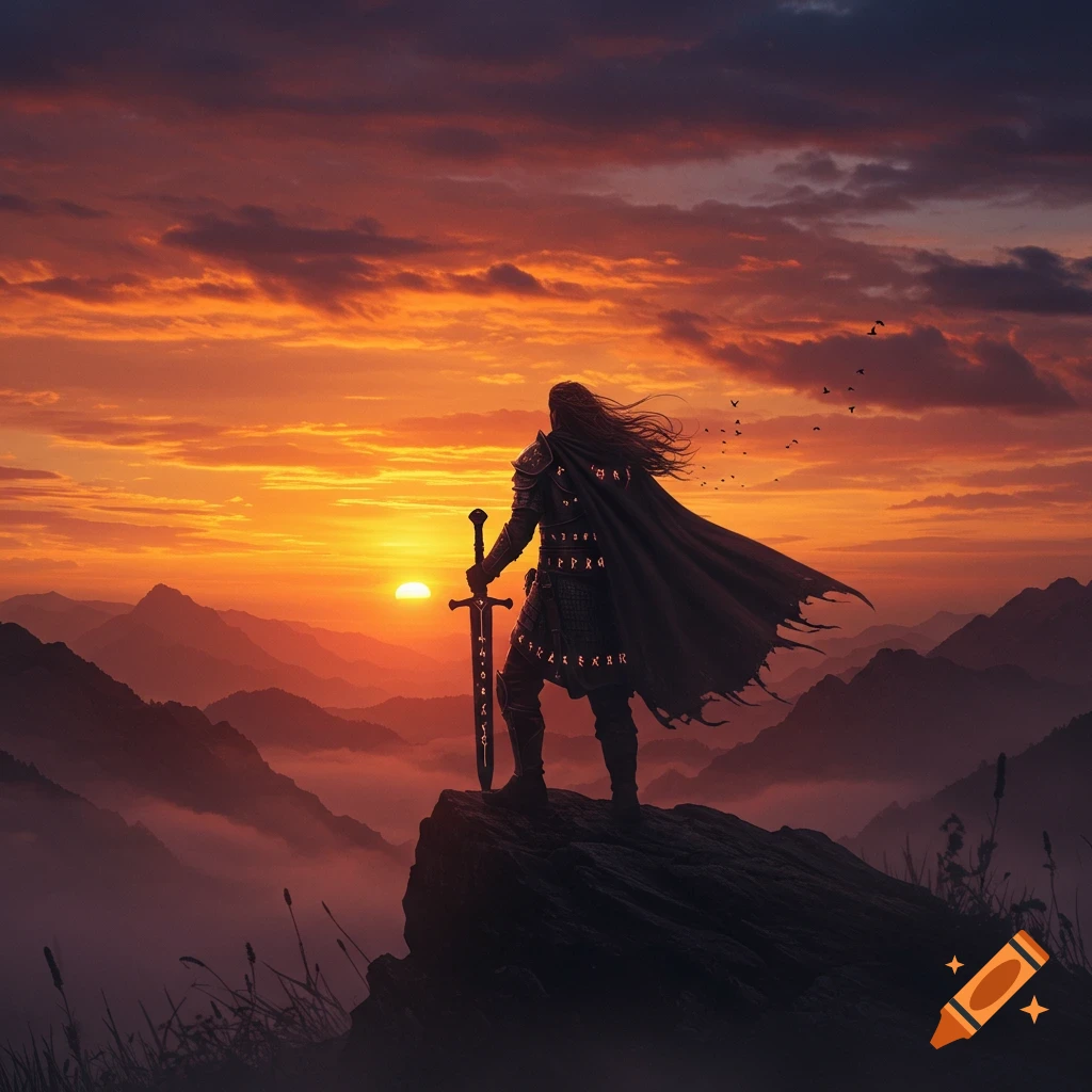 A silhouetted warrior with a sword and flowing cape stands atop a mountain, gazing at a vibrant orange and red sunset over a misty mountain range.