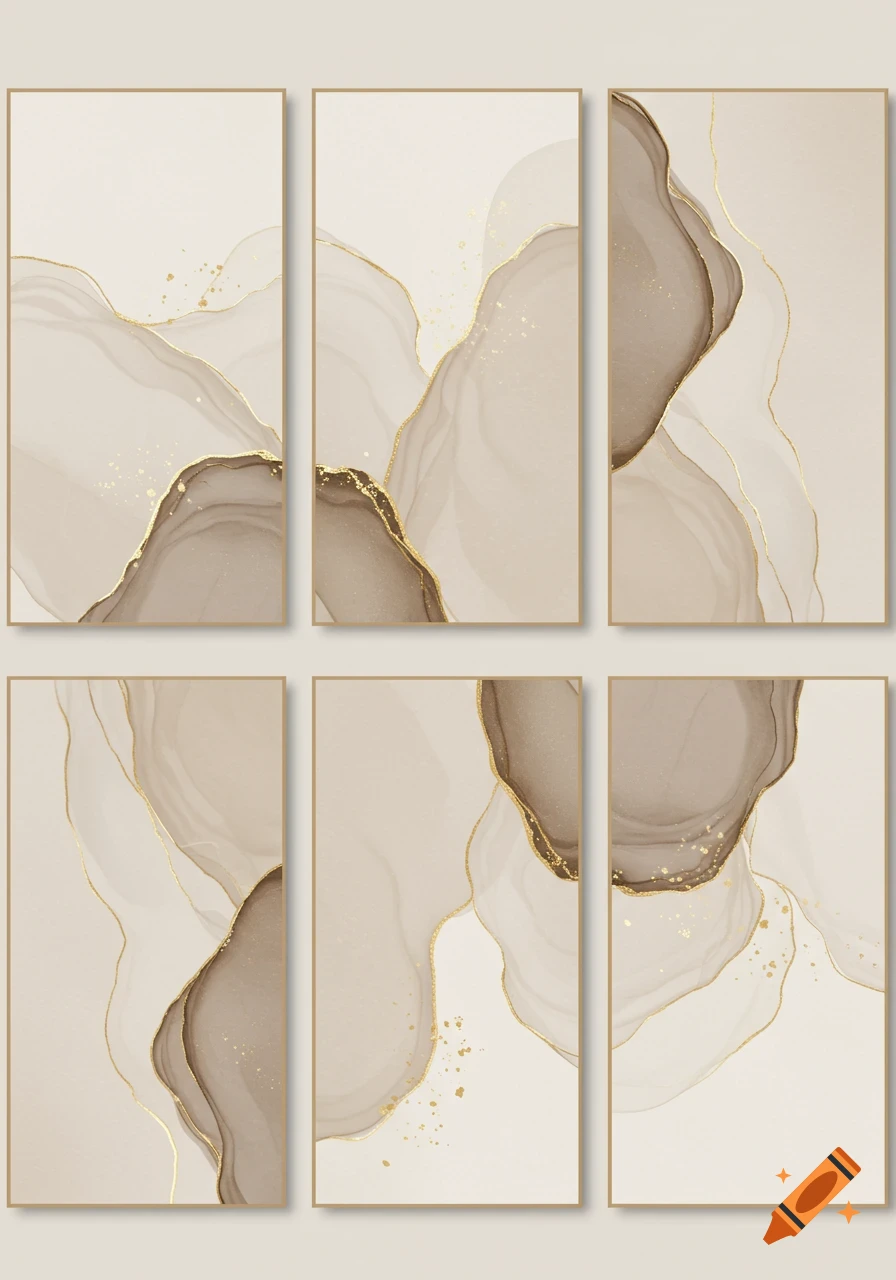 Six vertical panels of abstract art with flowing organic shapes in beige, warm neutral, and gold tones, featuring subtle texture.