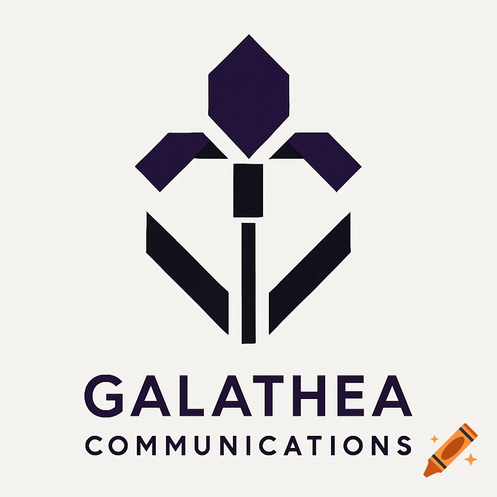 Minimalist geometric logo for 'Galathea Communications' with an abstract purple and black iris flower on a white background.