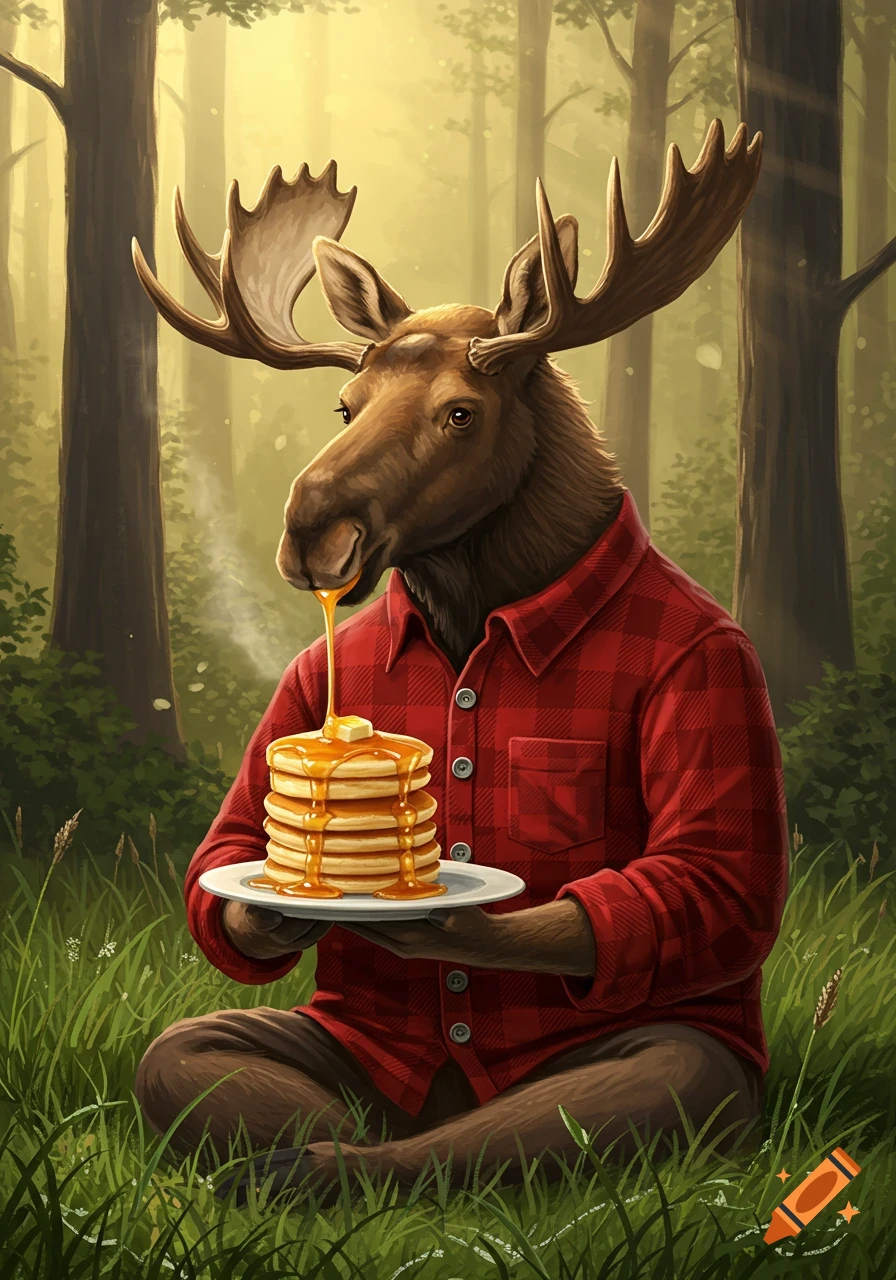 Anthropomorphic moose in a red plaid shirt sits in a forest, pouring syrup from its mouth onto pancakes.