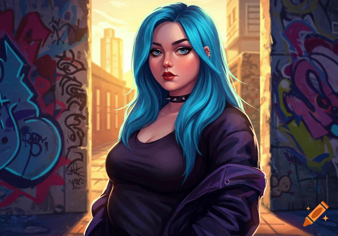 Stylized digital illustration of a blue-haired woman with eyeliner and a choker in an urban alley with graffiti.