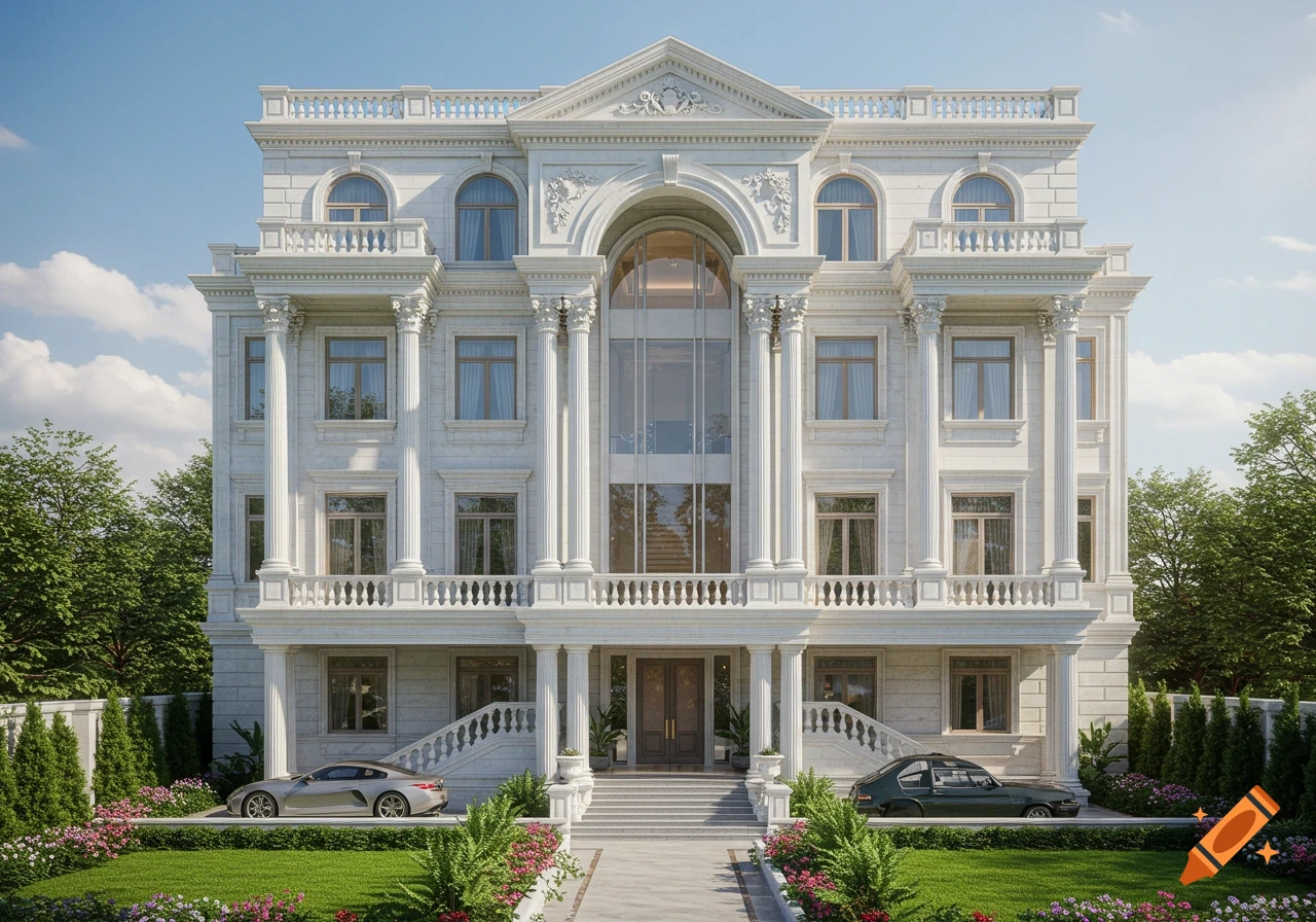 A grand, multi-story Roman-style white stone mansion with columns, balconies, a large garden, and two luxury cars parked in front.