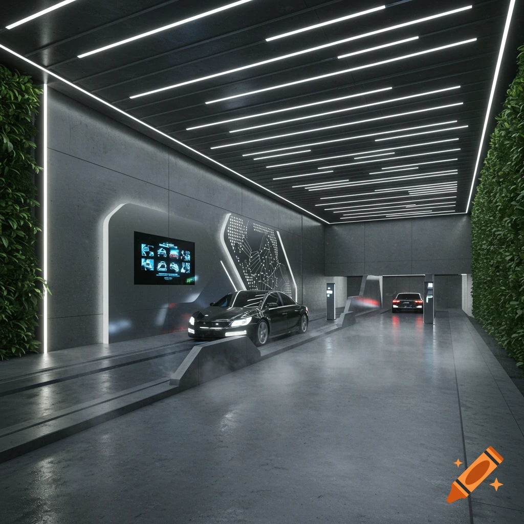 A sleek, futuristic underground garage with a black car, glowing LED strip lights, concrete walls, and vertical green plant walls.
