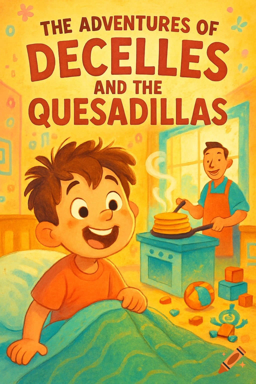 A cheerful boy in bed smiles while a man in an apron cooks a stack of pancakes on a stove in the background, in a colorful children's book illustration style.