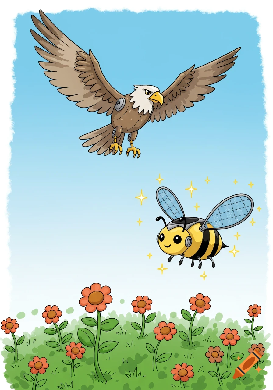 A cartoon eco-robot eagle flies above a smiling bee-drone with solar panel wings, hovering over a field of orange flowers.