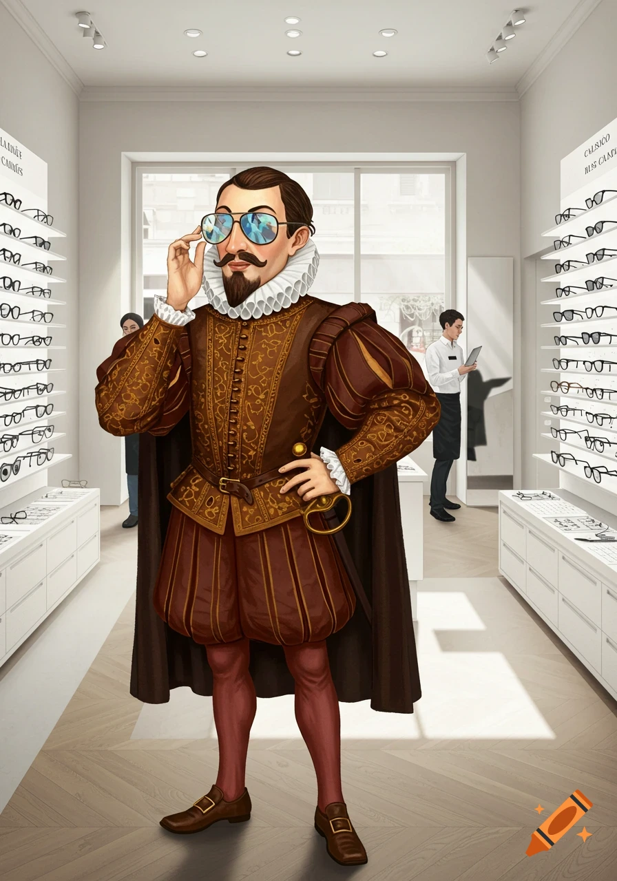 A man in 16th-century attire, resembling Camões, tries on mirrored aviator sunglasses in a modern optical store, with shelves of glasses in the background.