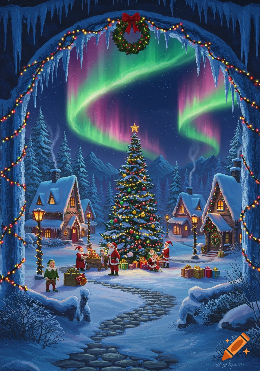 A festive, snowy Christmas village at night with a decorated tree, cottages, Santas, elves, and the aurora borealis, framed by an icy archway with lights.