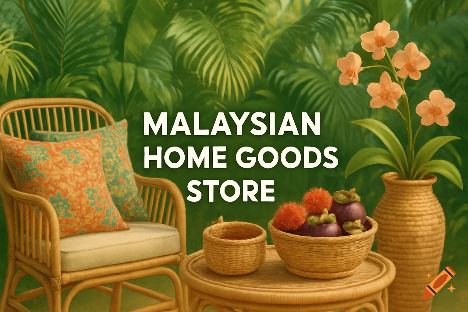 Rattan chair and table with pillows, tropical fruits, and orchids against a jungle backdrop, with "MALAYSIAN HOME GOODS STORE" text.