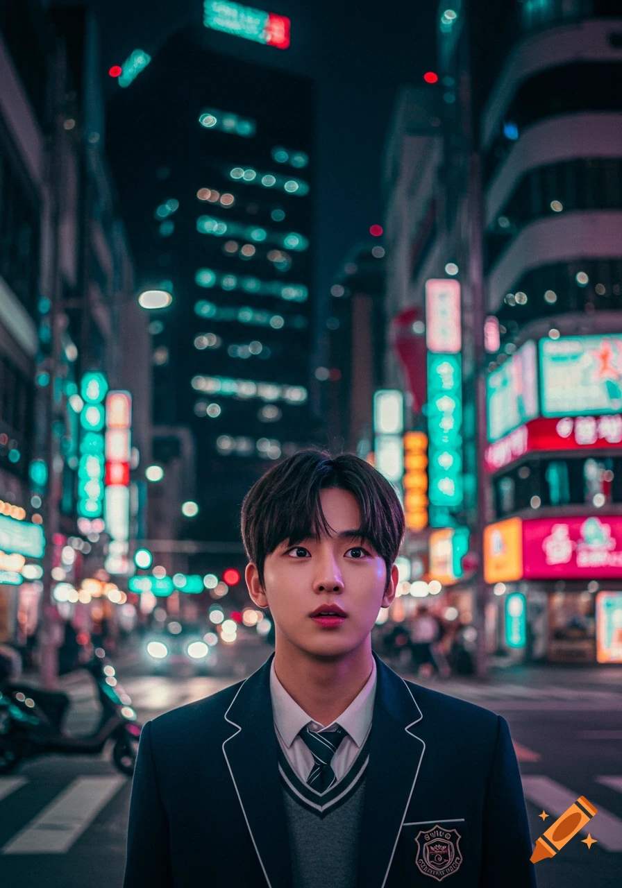A young Asian man in a high school uniform stands on a busy, neon-lit city street at night, looking up with wide eyes. The background is blurred with bokeh lights from buildings and traffic.