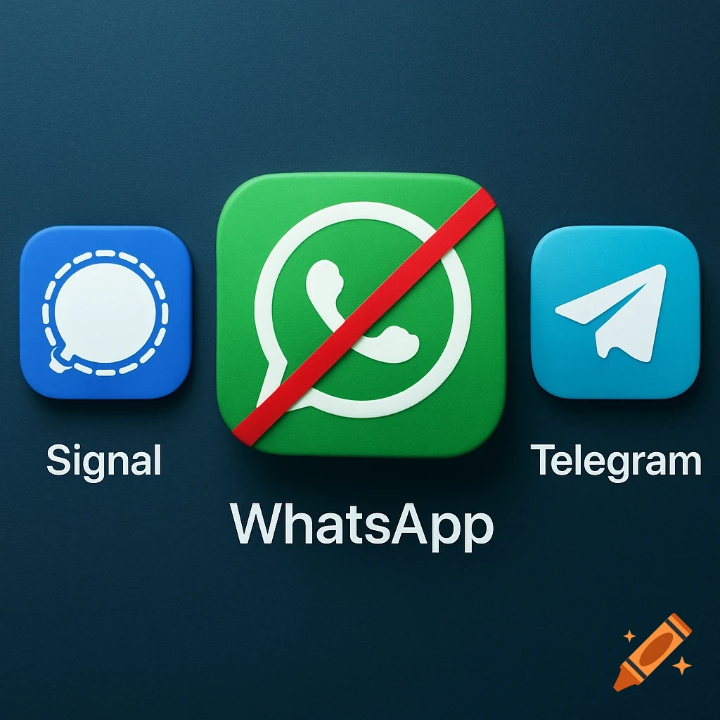 Three app icons: Signal, a red-crossed-out WhatsApp, and Telegram, each with their name below, on a dark blue background.