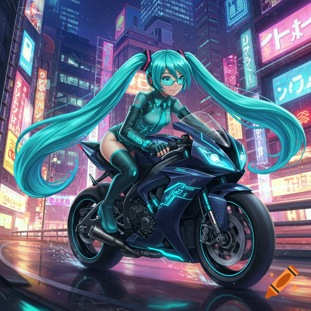 Hatsune Miku in a sleek biker suit rides a futuristic motorcycle through a neon-lit cyberpunk city at night, in an anime style.