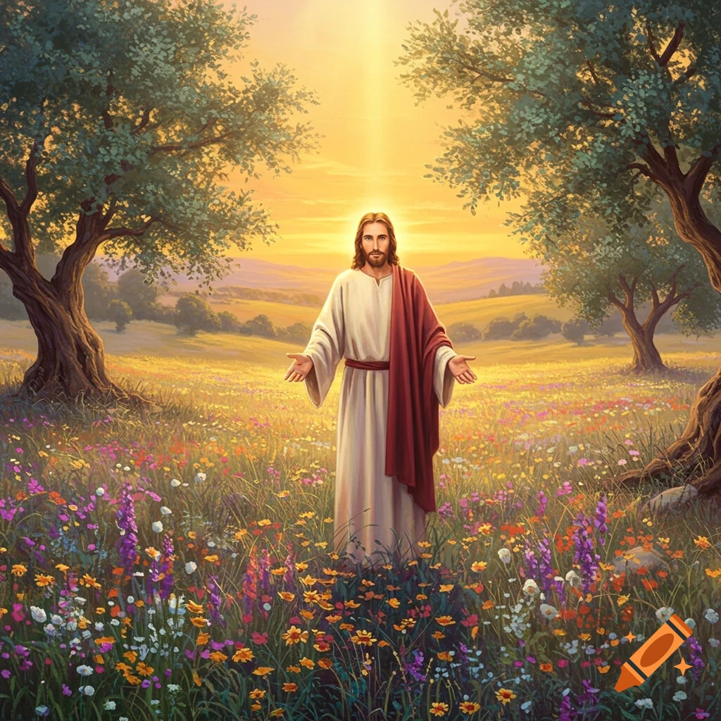 Jesus stands with outstretched arms in a vibrant, sunlit wildflower meadow between two large trees, a painting.