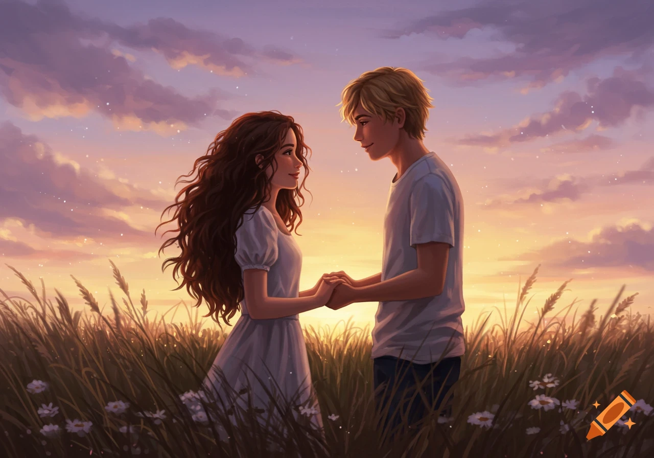 A young couple with brown and blonde hair holding hands in a field of tall grass with small white flowers under a beautiful sunset sky, digital art.