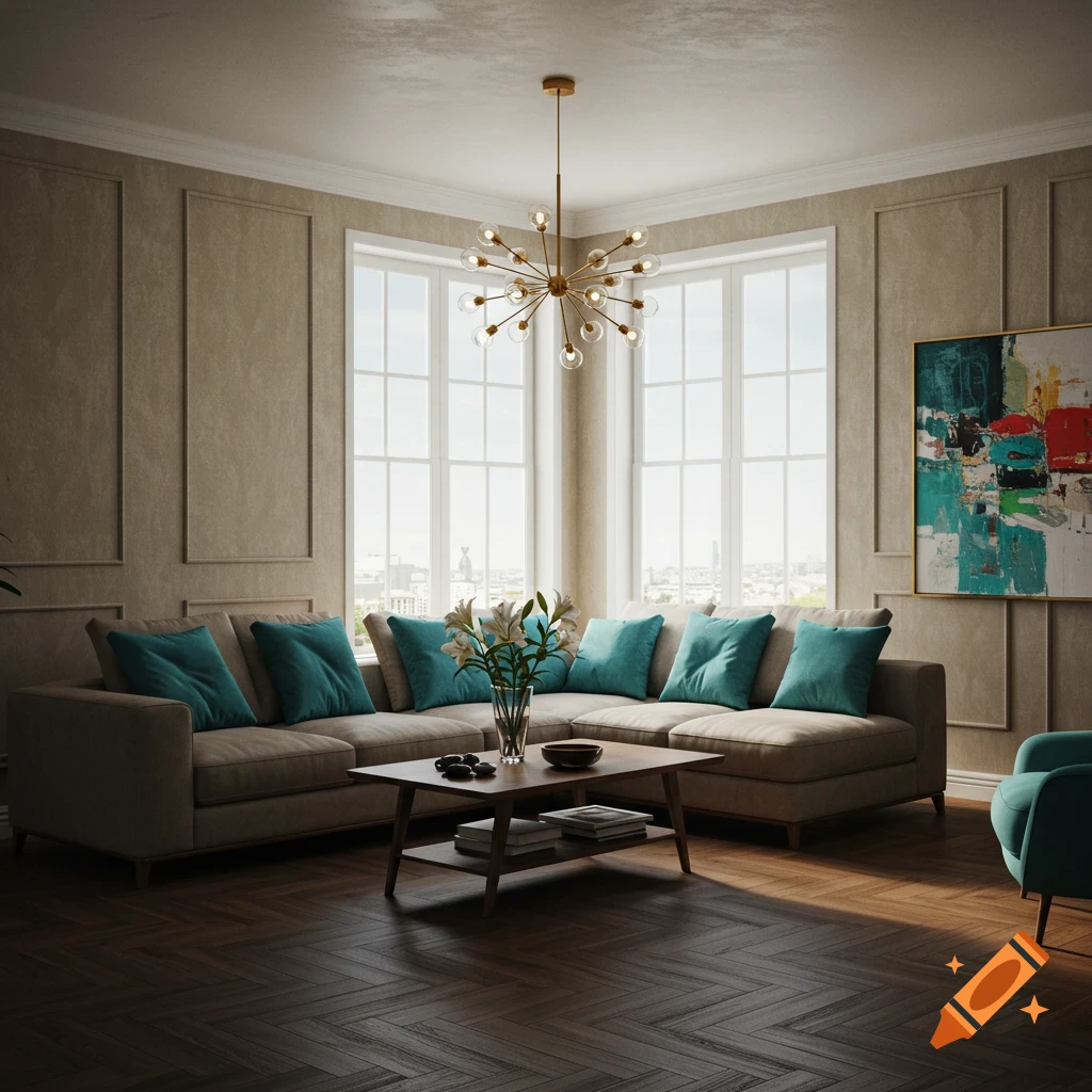 A modern living room with an L-shaped sectional sofa with teal pillows, a wooden coffee table, abstract art, and a sputnik chandelier.
