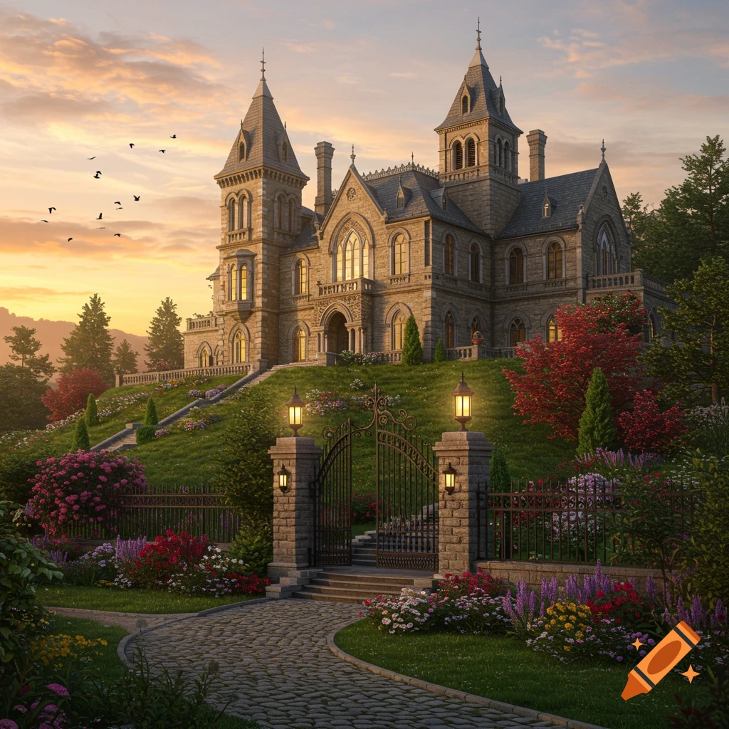 A grand, Gothic-style stone mansion on a lush green hilltop with colorful gardens and ornate gates at sunset.