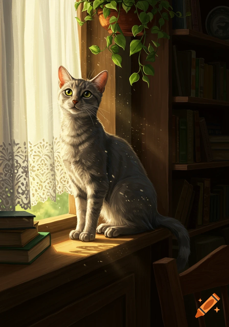 A gray tabby cat with green eyes sits on a sunlit windowsill, beside a stack of books, with a bookshelf and a hanging plant in the background, digital art.