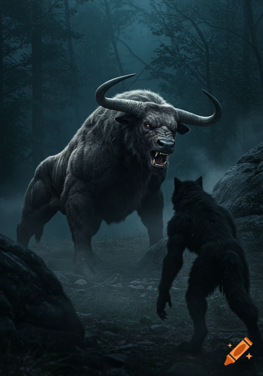 A large, muscular bull-like monster snarls menacingly at a black, furry werewolf in a dark, misty forest at night, photorealistic style.