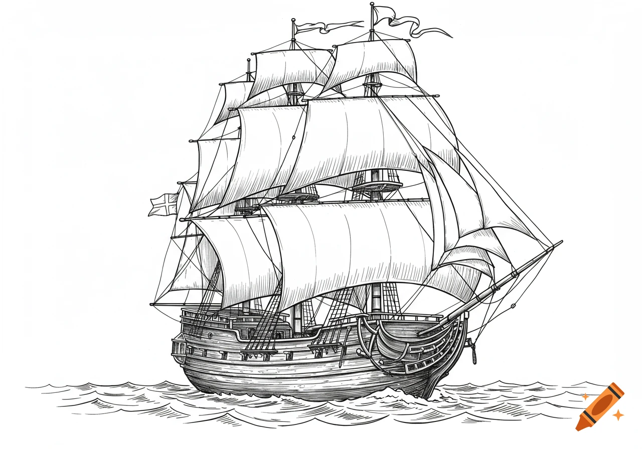 Black and white line art drawing of a large sailing ship with multiple sails on a wavy ocean, in a clipart style.