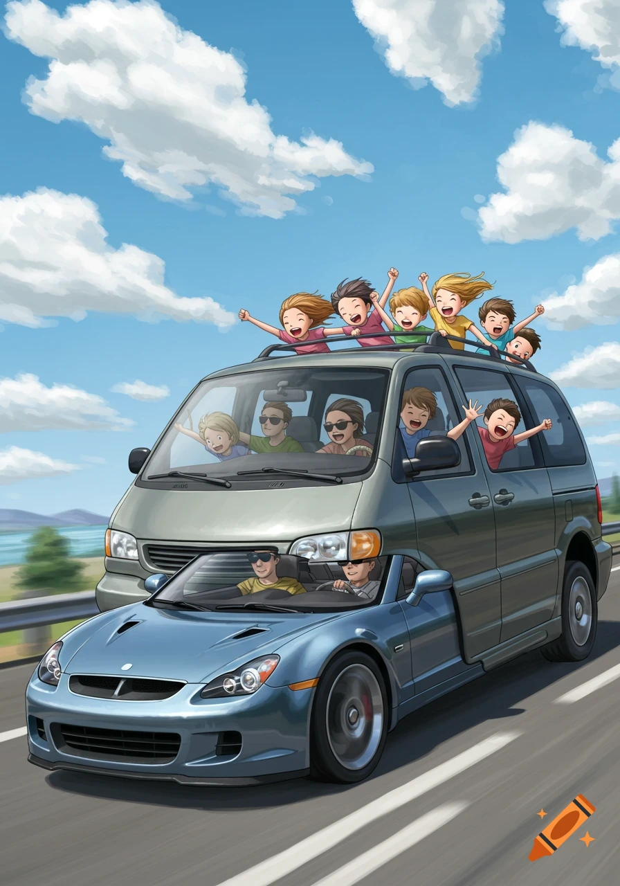A cartoon family on a road trip. Kids cheer from the roof and windows of a gray minivan following a blue sports car on a highway.