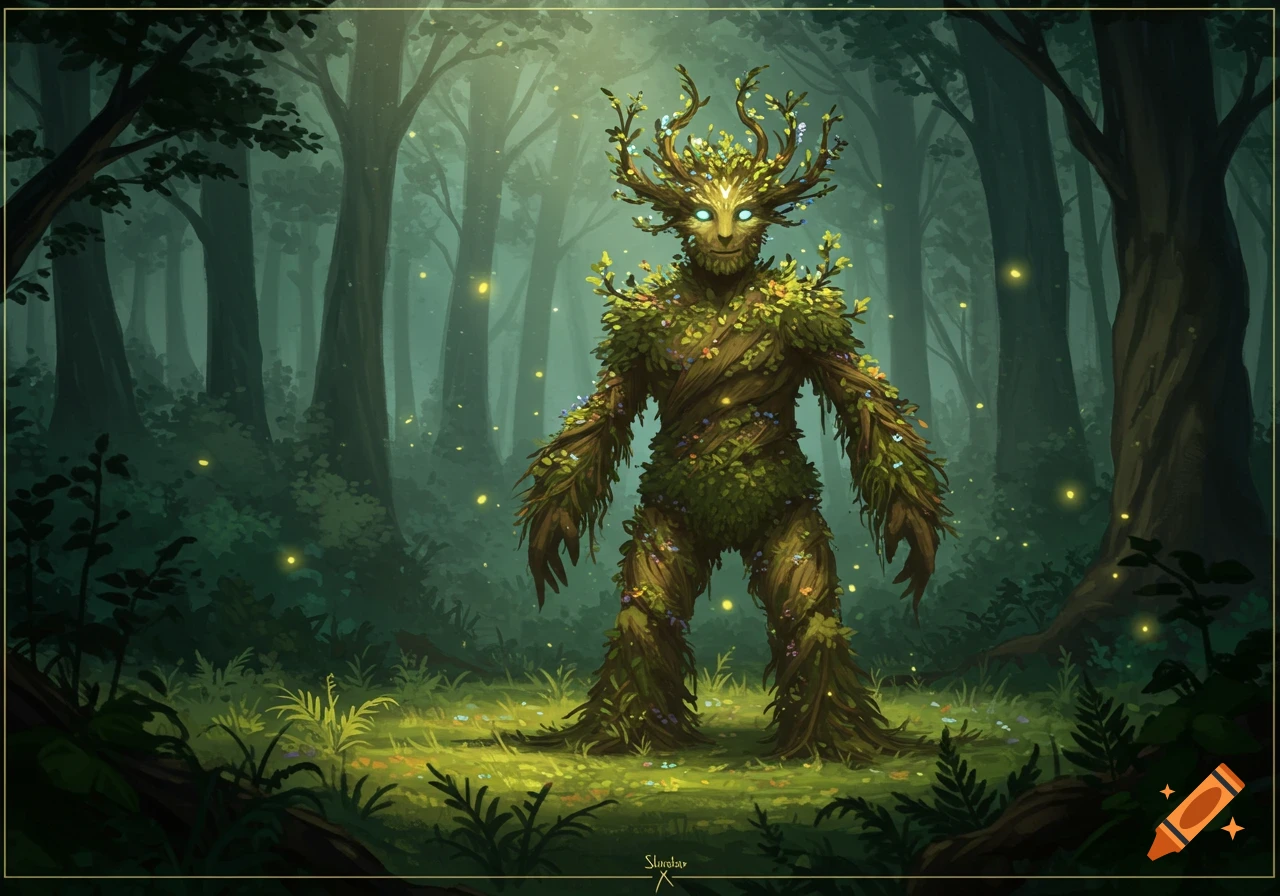 A mystical treeman with glowing eyes, made of branches and leaves, stands in a dark, enchanted forest with fireflies.
