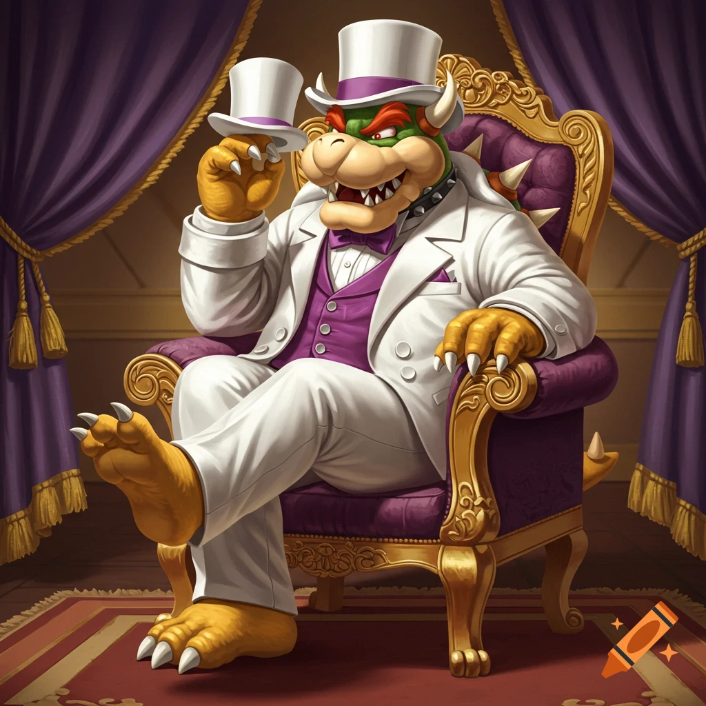 Bowser in a white suit and purple waistcoat relaxes on a golden throne, holding a white top hat.