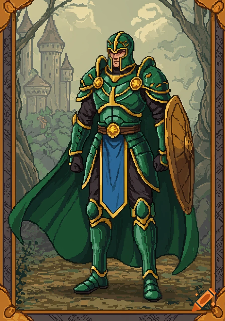 A pixel art illustration of a knight in green and gold armor with a shield, standing in front of a castle.