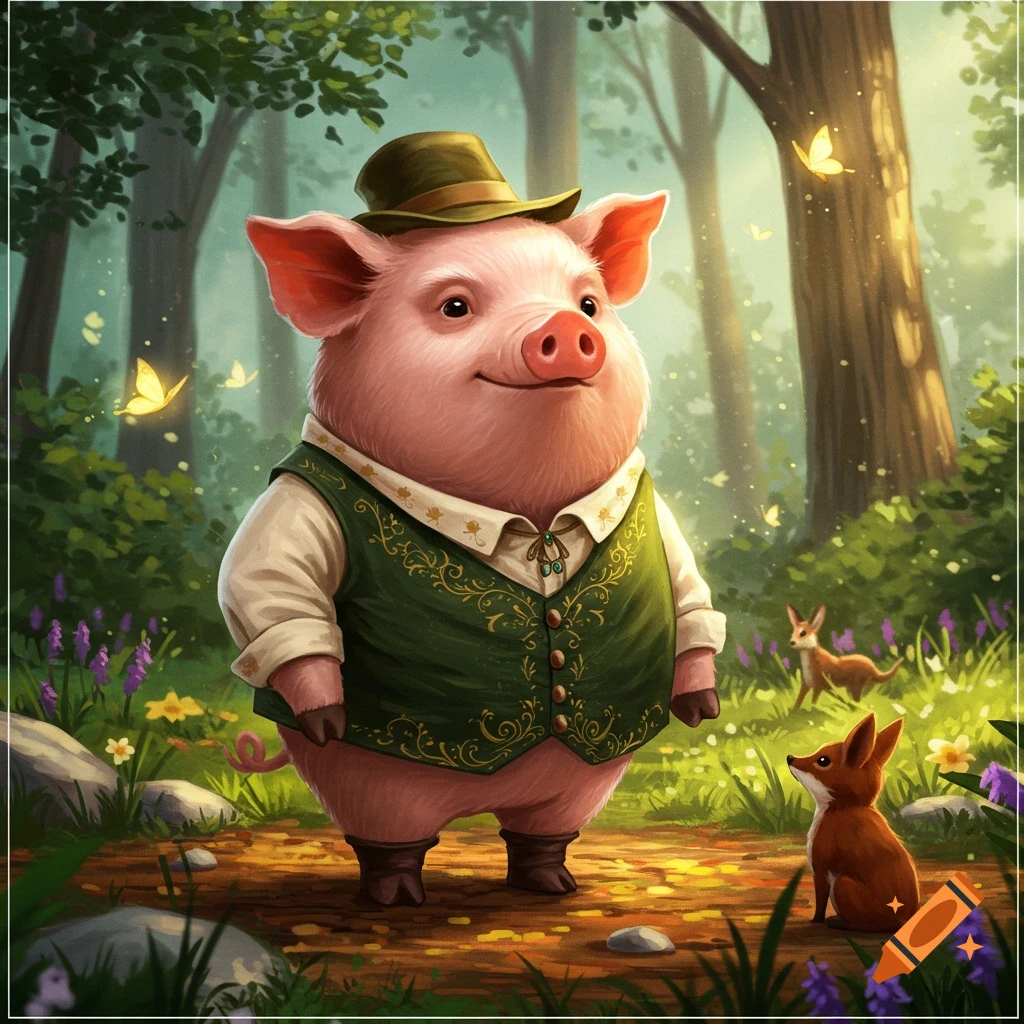 A cute anthropomorphic pig wearing a hat and a green waistcoat stands in a sunlit forest with a fox and deer.