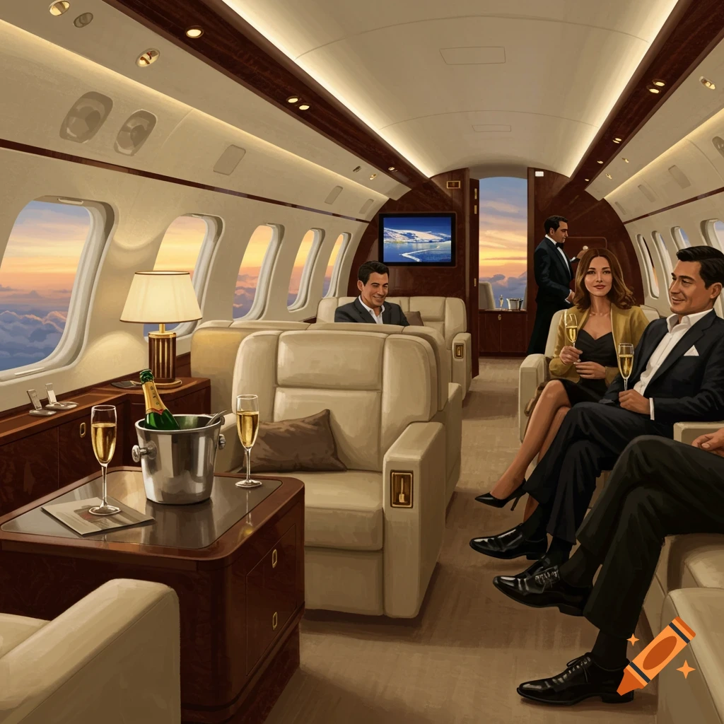 People enjoying champagne in a luxurious private jet lounge at sunset, painted illustration.