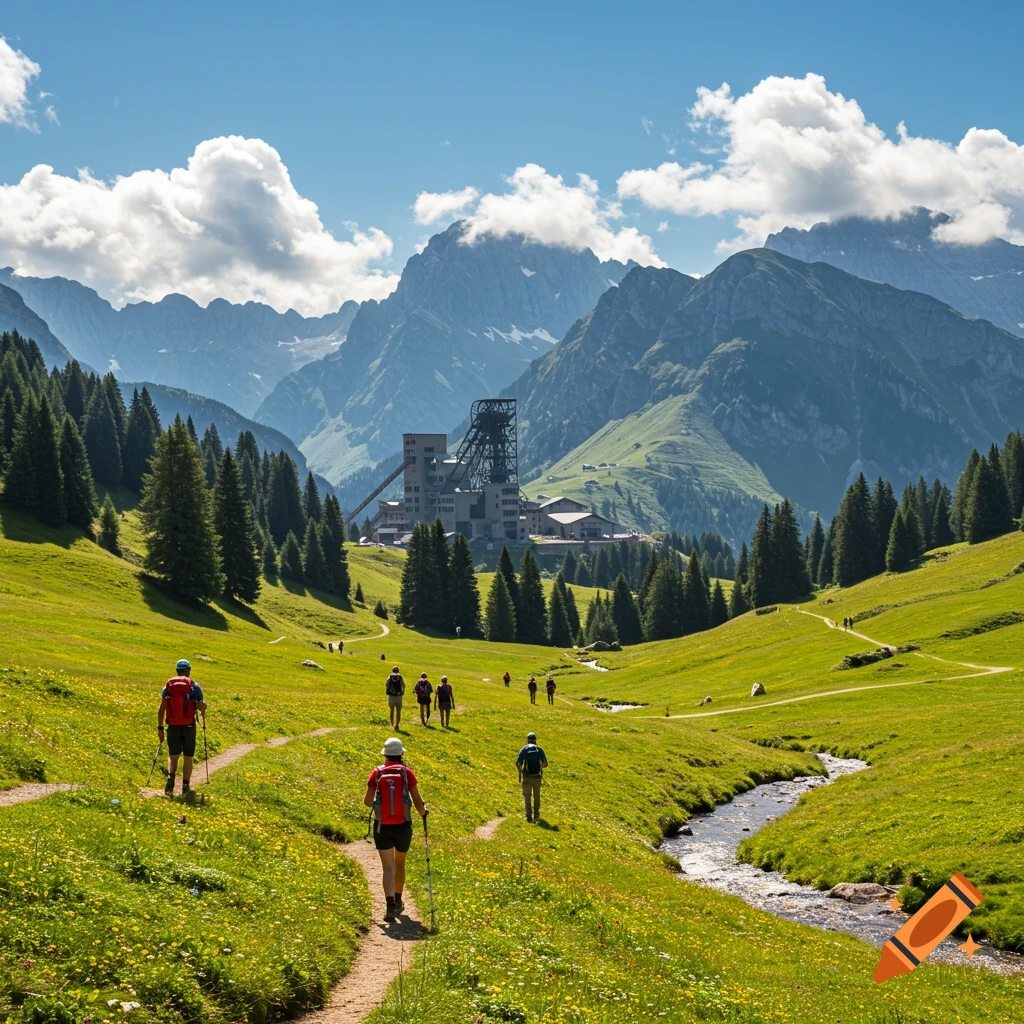 Hikers on a winding path through a sunny green mountain meadow, with a large mining facility and towering peaks in the background.