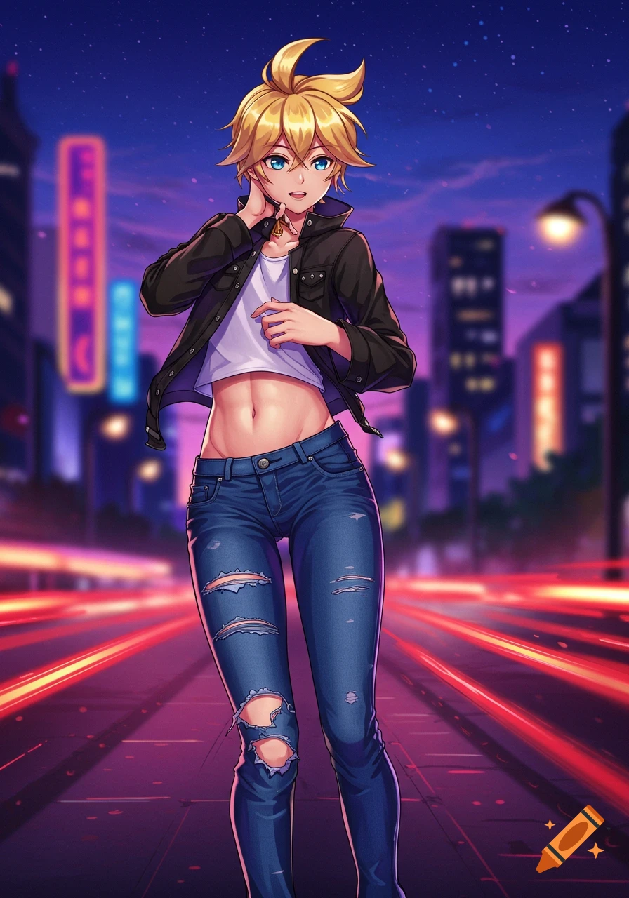 Anime boy in a crop top, black jacket, and ripped jeans stands on a neon-lit city street at night.