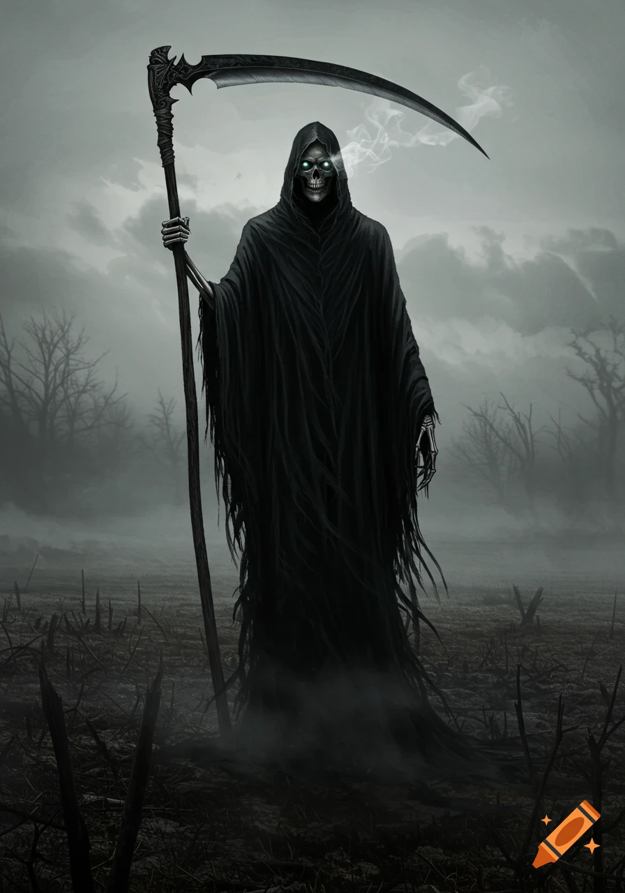 A dark, skeletal Grim Reaper in a black cloak holds a large scythe in a desolate, foggy landscape with bare trees.