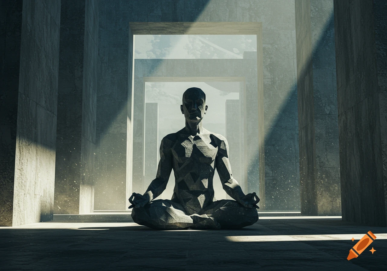 A geometric, brutalist-style statue meditates cross-legged in a stark concrete hall, bathed in bright, ethereal light.