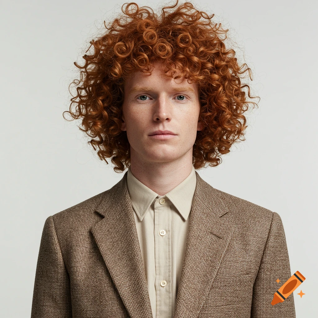 Photorealistic portrait of a man with curly ginger hair, freckles, in a brown tweed jacket and beige shirt against a white studio background.