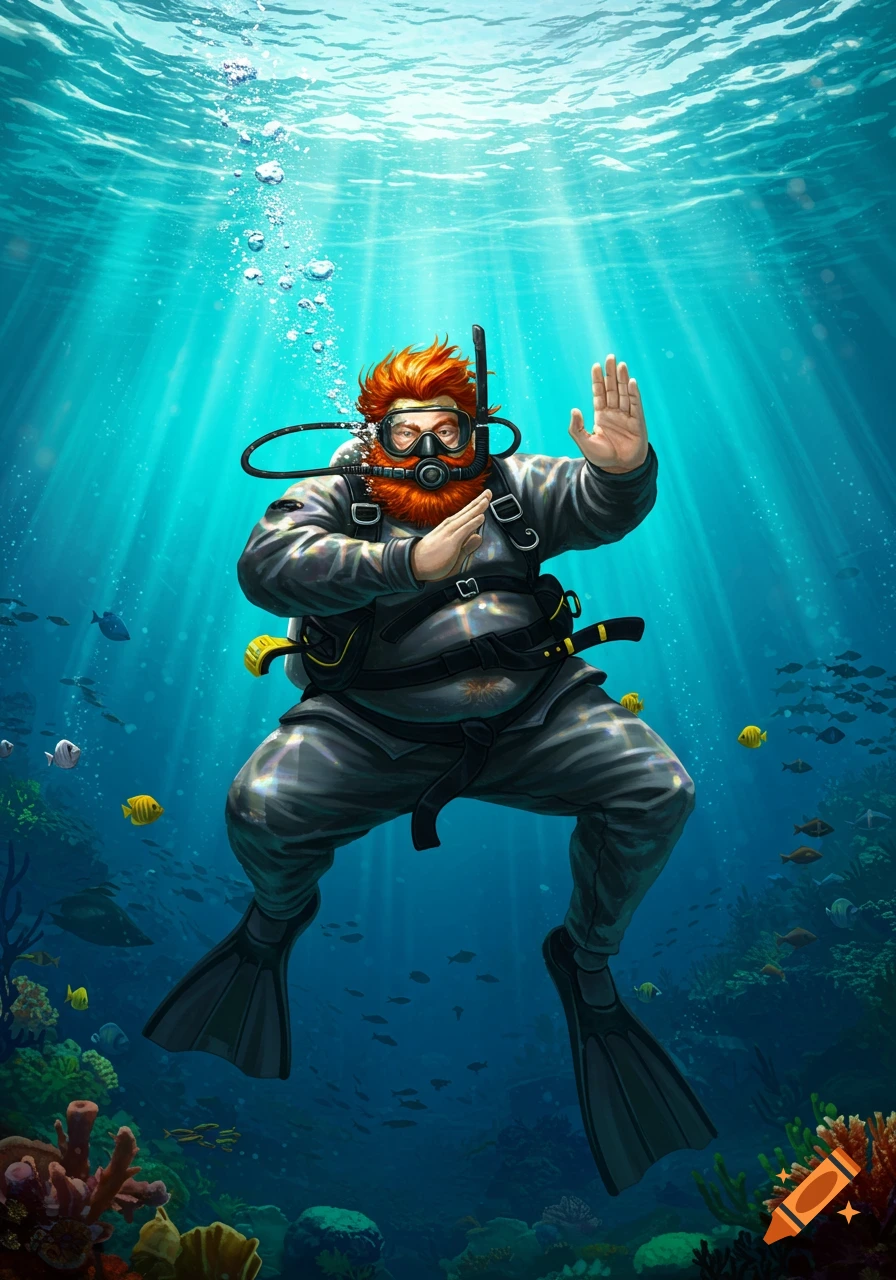 A red-haired, bearded man in scuba gear practices martial arts underwater amidst coral and fish.