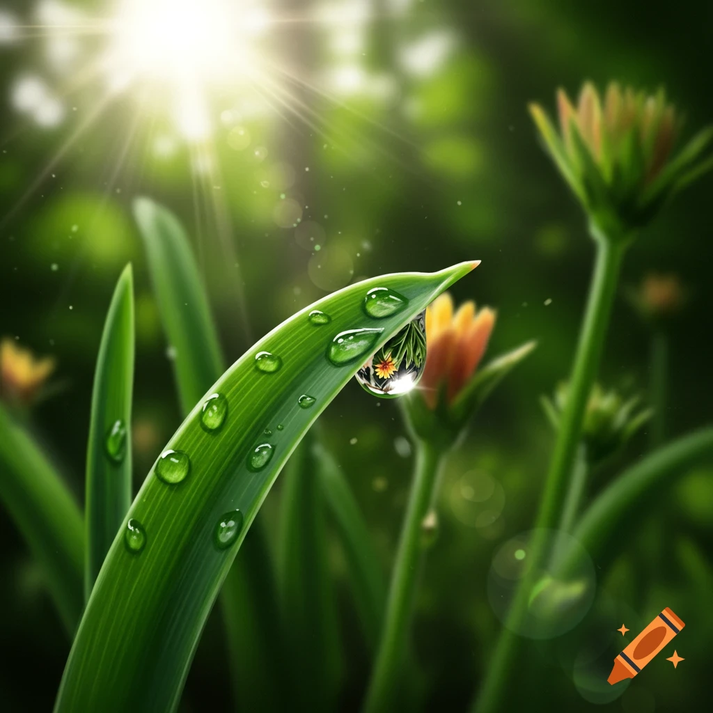 Close-up of a vibrant green leaf with dewdrops, one reflecting a colorful flower, under bright sunlight.