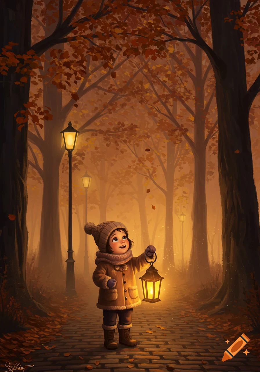 A whimsical illustration of a small child in a warm coat and hat holding a glowing lantern on a leaf-strewn path in an autumnal forest.