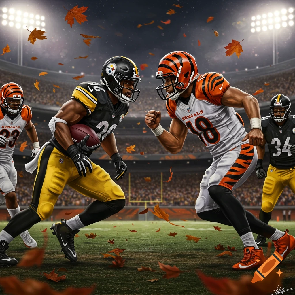 A stylized illustration of two American football players, a Pittsburgh Steeler and a Cincinnati Bengal, facing each other on a field with autumn leaves falling in a stadium.