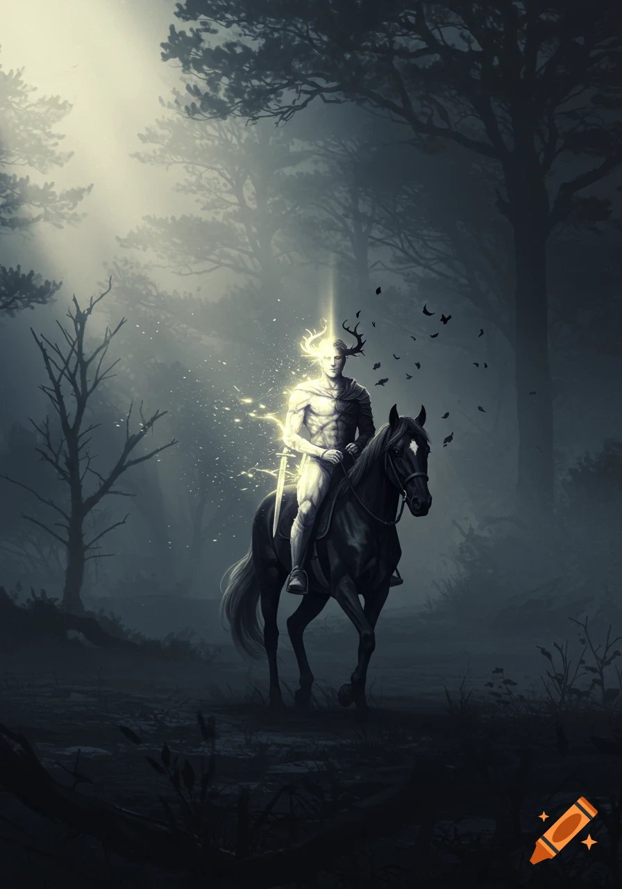 A mystical man, half-glowing with antlers, rides a horse through a misty, dark forest in a dramatic fantasy illustration.