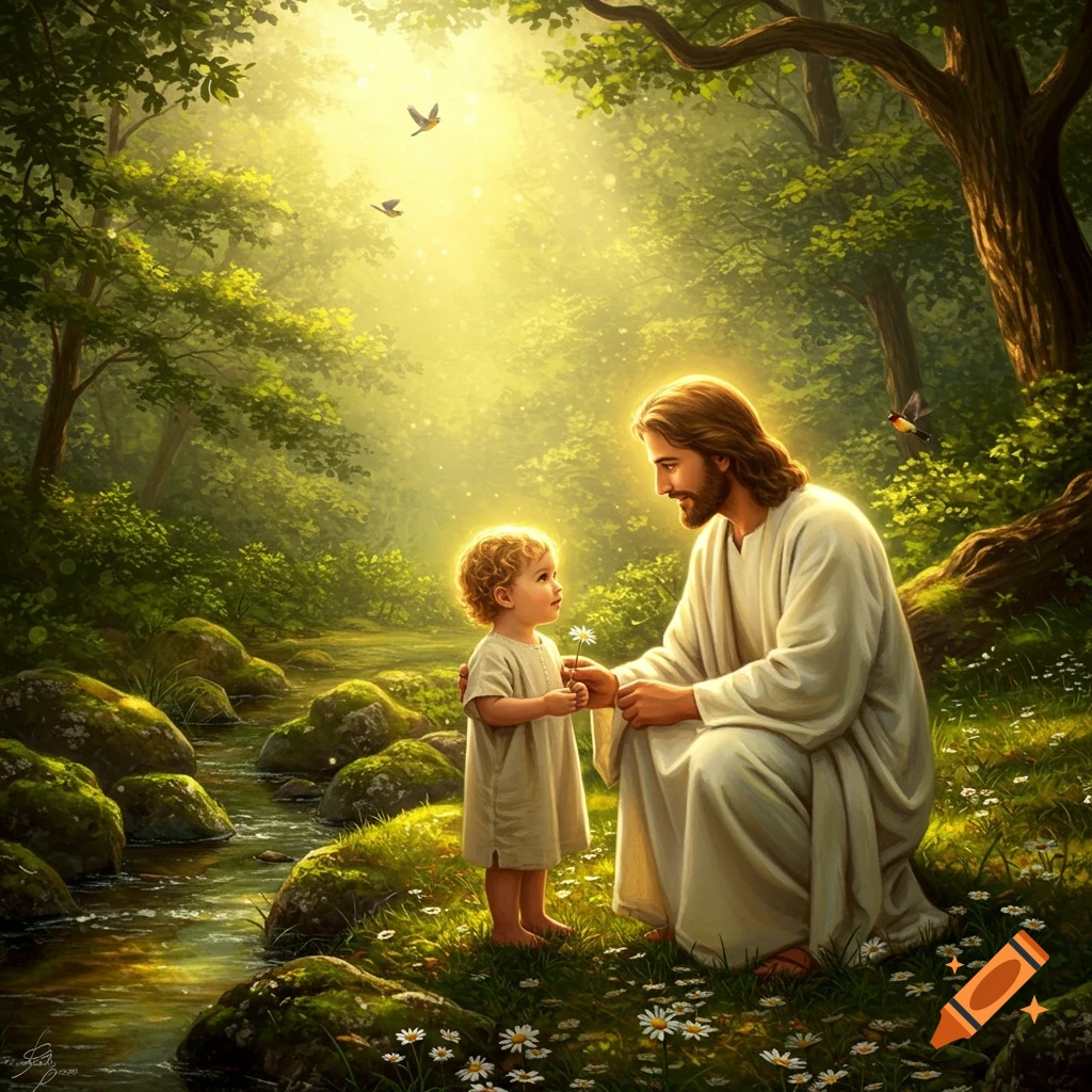 Digital painting of Jesus kneeling with a glowing child holding a flower by a stream in a sunlit, lush forest.