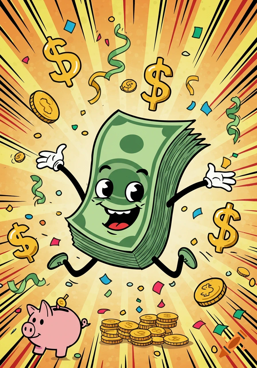 A cheerful cartoon money stack runs among dollar signs, coins, and a piggy bank in a vibrant comic style.