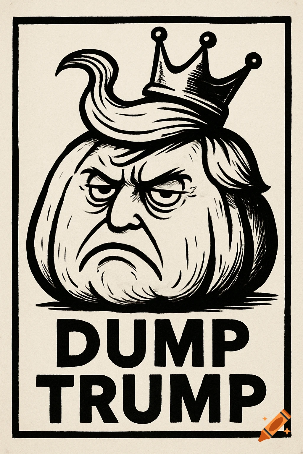 Black and white political cartoon of a scowling pumpkin with a crown and Trump-like hair, labeled 'DUMP TRUMP'.