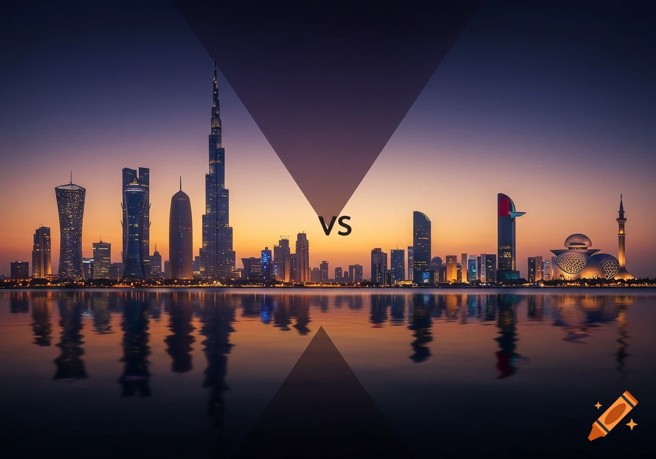 A panoramic view of two distinct city skylines featuring prominent architectural landmarks, separated by a 'VS' symbol, at sunset with reflections in the water.