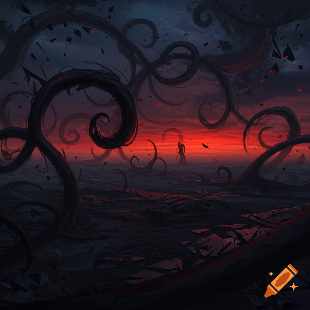 A dark, twisted landscape under a fiery red and black sky, with a silhouetted figure and shattered ground.