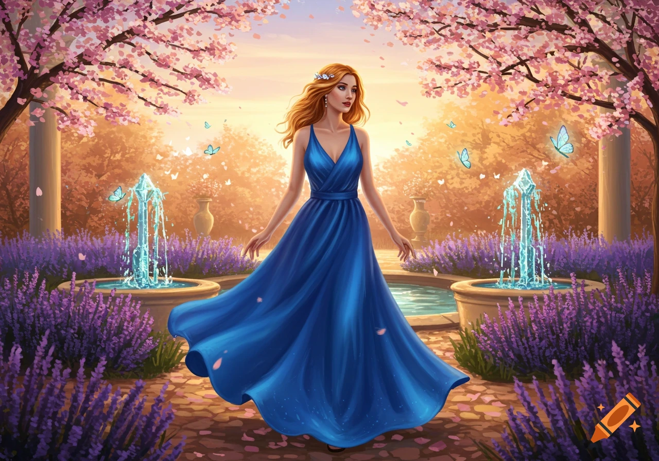 A woman in a flowing blue gown stands in a vibrant garden with lavender, cherry blossoms, and fountains.