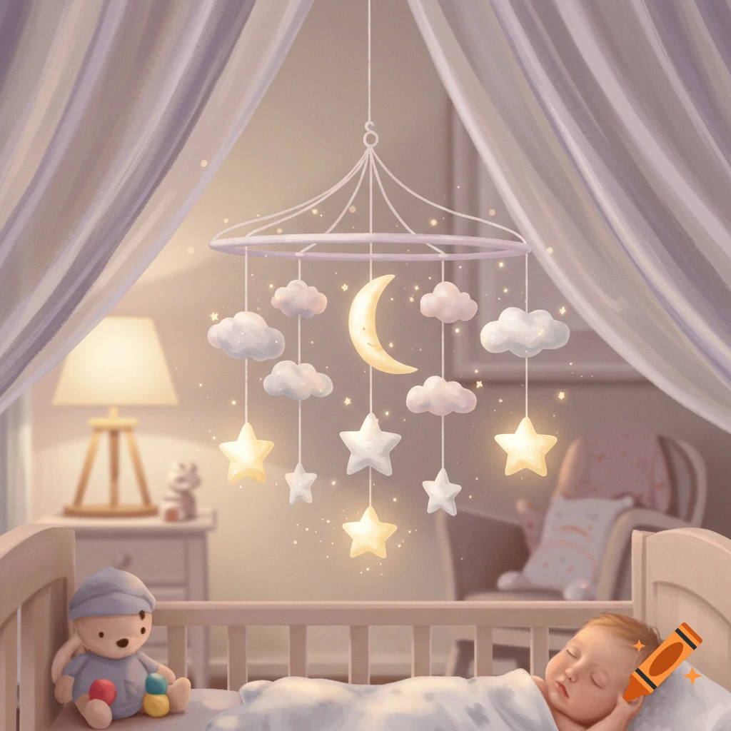 An illustration of a baby sleeping in a crib, a glowing mobile with moons and stars hangs above, a teddy bear rests beside the baby.