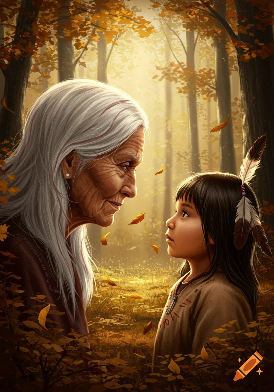 An old woman with long white hair and a child with feathers in their hair gaze at each other in a warm, golden autumn forest.