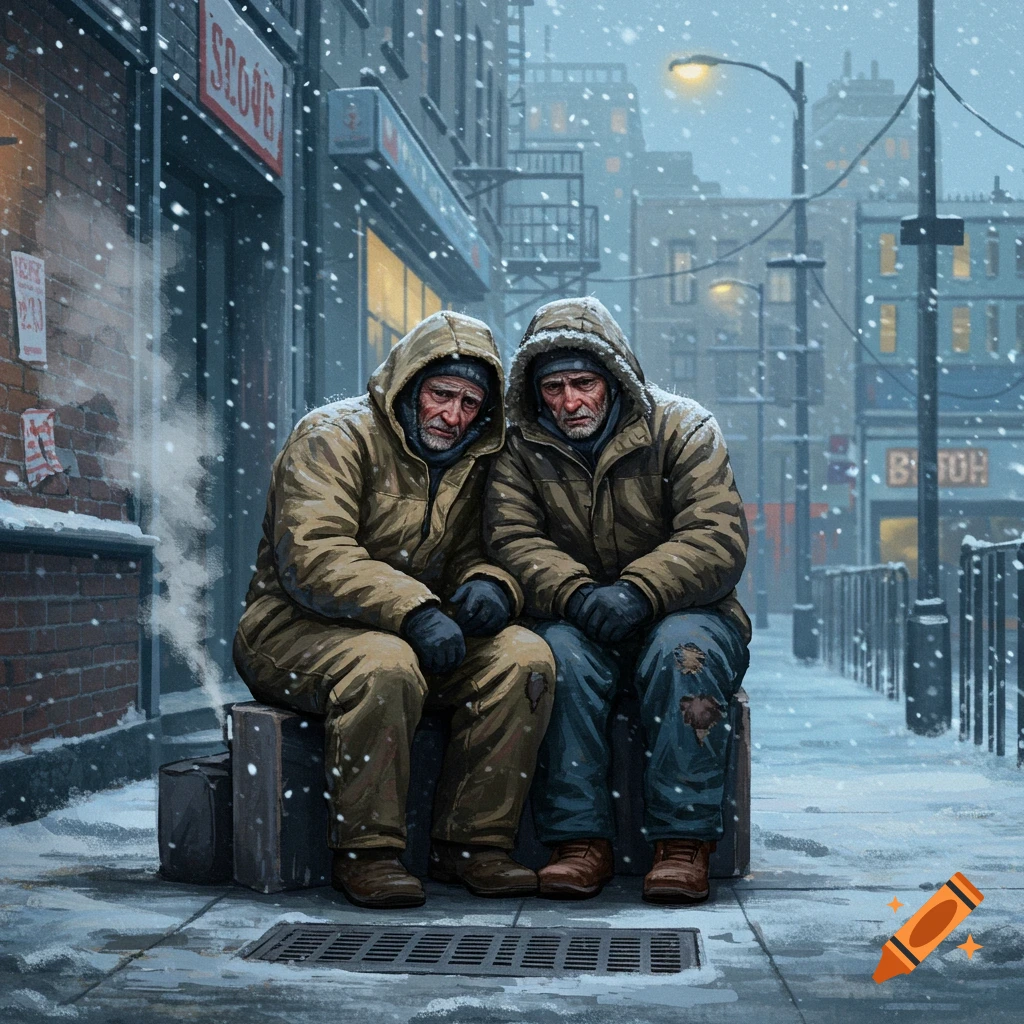 Two distressed men in tattered winter coats sit on luggage on a snowy city street, looking downcast in an illustrative style.