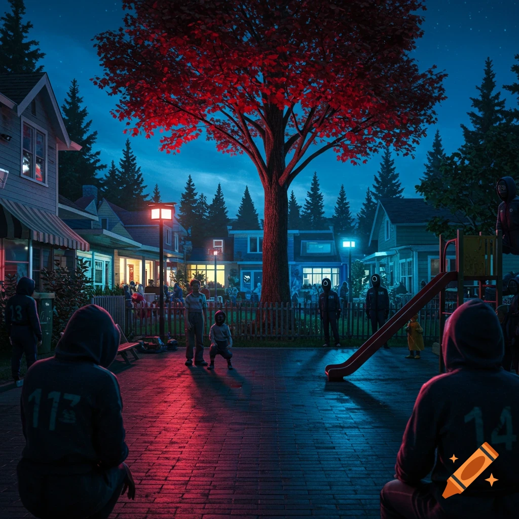 A dramatic night scene of a suburban playground with hooded figures, some numbered like in Squid Game, under a large red tree, evoking the Truman Show.