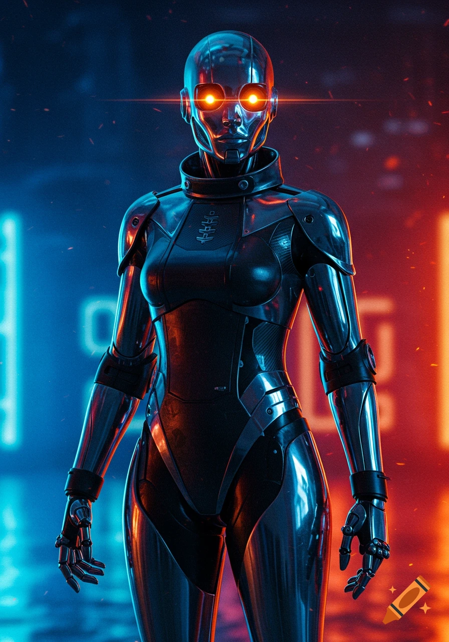 A sleek, chrome-plated robot with glowing orange eyes stands against a blurry background of red and blue neon lights.