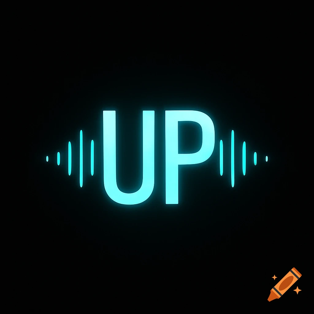 Glowing light blue initials UP with sound wave patterns on a black background.